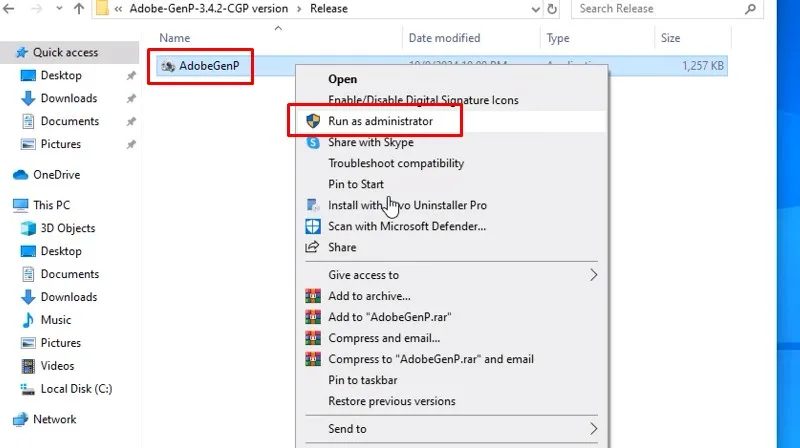 Chạy file AdobeGenP bằng quyền admin