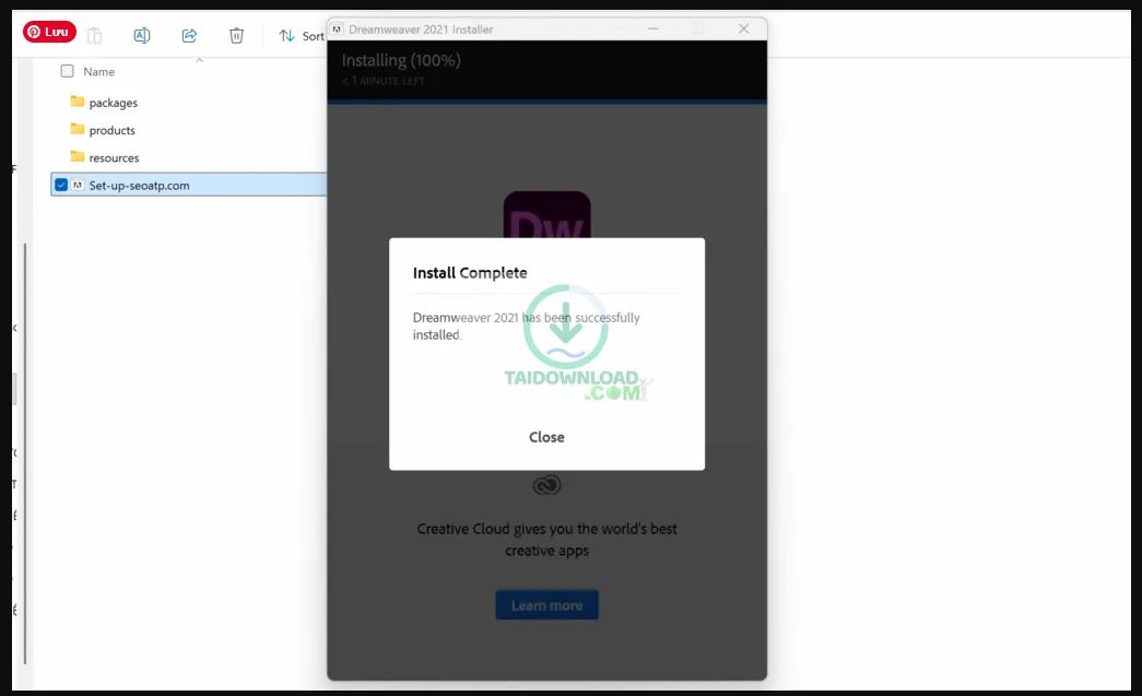cài đặt Dreamweaver 2023 hoàn tất